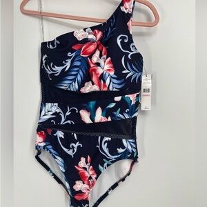 Carmen Marc Valvo Floral One-Shoulder Swim One Piece - Navy and Red
